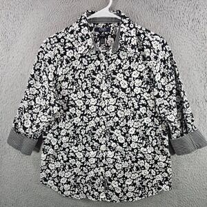 Chaps Womens Medium Black White Floral No Iron 3/4‎ Sleeve Button Up Shirt Top